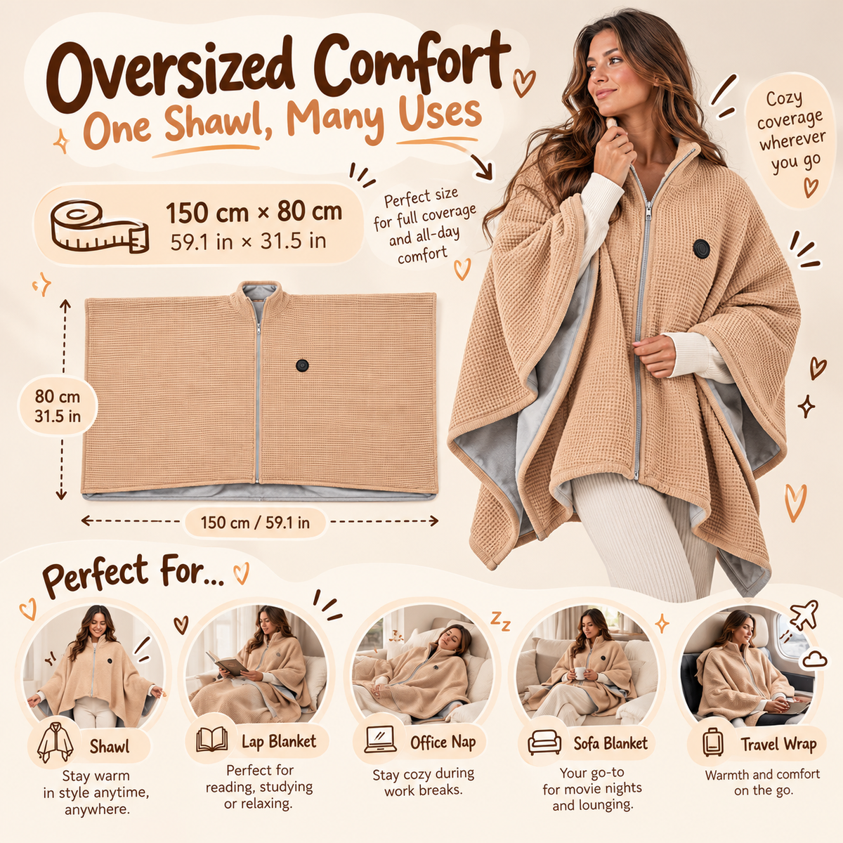 Wearable Heated Blanket Shawl